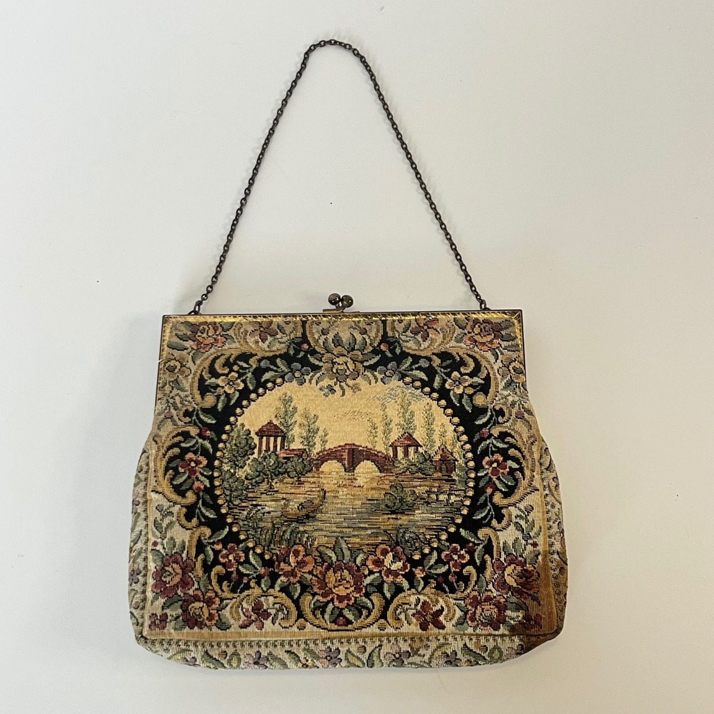 Walborg Vintage Tapestry Handbag Made in France Scenic Bridge Floral Evening Bag
